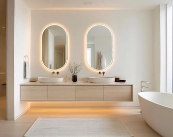 Bleached Oak Floating Double Vanity | Modern Wall Mounted Bathroom Cabinet | Custom Minimalist Vanity