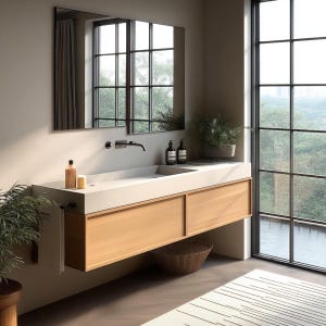 Custom White Oak Floating Bathroom Vanity – Modern Minimalist Style, Soft-Close Drawers, Natural Wood Veneer, Wall-Mounted Sink Cabinet