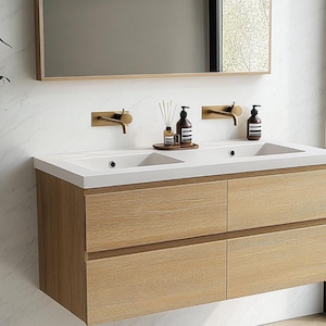 Double Sink Oak Floating Vanity 60–80&quot; Wall Mounted Bathroom Cabinet with 4 Drawers – Natural Wood Grain, Soft Close, Custom Colors