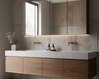 Walnut Floating Double Sink Custom Vanity | Handleless Modern Master Bathroom Cabinet 48–100”