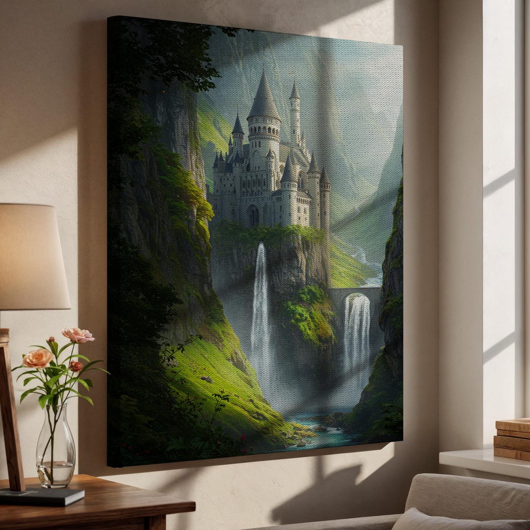 Fairytale Castle Wall Art, Fantasy Landscape Canvas Print, Waterfall ...