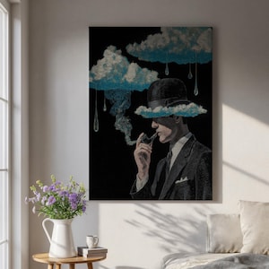 May include: A surreal art print featuring a man in a suit and hat, smoking a pipe. The man's face is partially obscured by a cloud, with additional clouds and raindrops in the background. The artwork is set against a black backdrop.