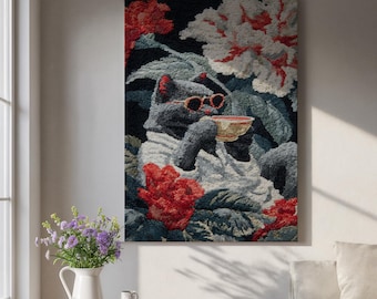 Impressão em tela de gato, óculos de sol florais retrô, arte divertida de animais