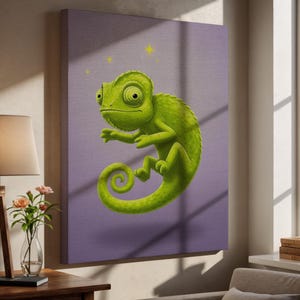 May include: A canvas print featuring a cartoon-style green chameleon with a curled tail. The chameleon is set against a purple background with a textured appearance and a few yellow star accents.