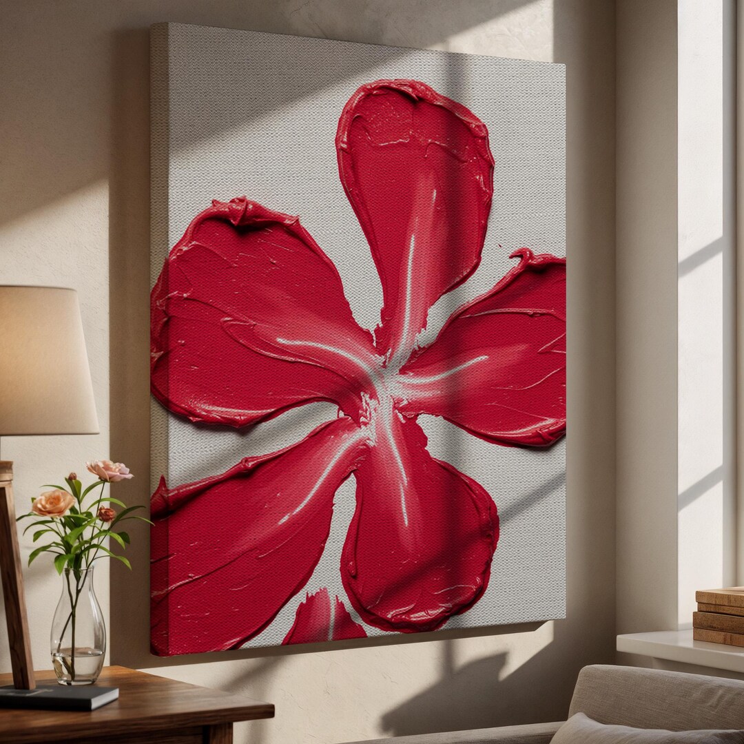 Red Flower Textured Canvas Wall Art, Modern Floral Print - Etsy