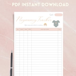 May include: A white pregnancy tracker sheet with a pink header and table columns for CD, date, time, DPO, HCG test strip, and +/-. The text reads Pregnancy Tracker, After every storm there's a rainbow, and Cycle. Includes a small rainbow and onesie icon.