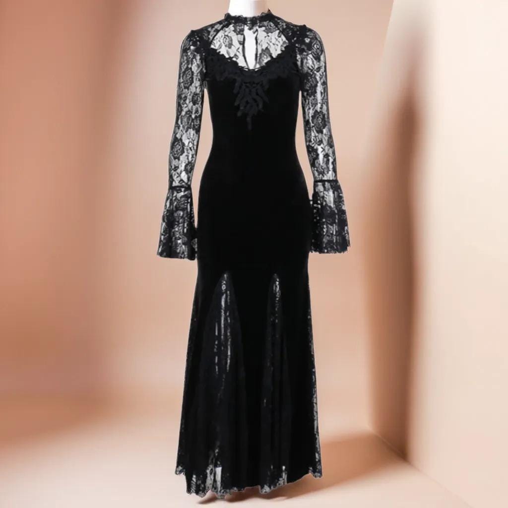90s 'Alex Evenings' Black Gothic Formal Beaded Empire Velvet Maxi Dress UK 6/8