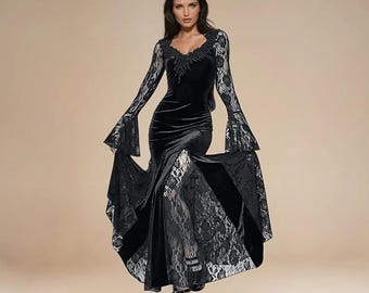 Black Lace Velvet Maxi Dress, Gothic Evening Gown, Formal Dress, Elegant Party Dress, Witchy Dress
