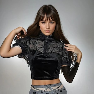 Black Lace Velvet Top, Gothic Lace Blouse, High Neck Top, Puff Sleeve Top, Corset Style Top, Victorian Top