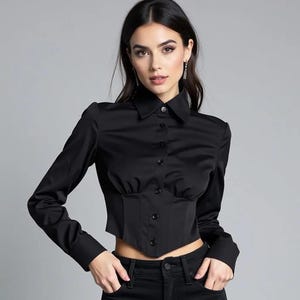 Black Cropped Shirt with Corset Detail, Long Sleeves Button Up Top, Cinched Waist Blouse, Women&#39;s Fashion