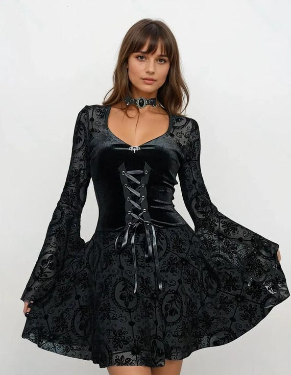 black velvet and lace goth dress Witch Mini Own the night in this Historically Inspired Gothic Black Bustier Midi Dress Duchess of Eastmarch High-Low