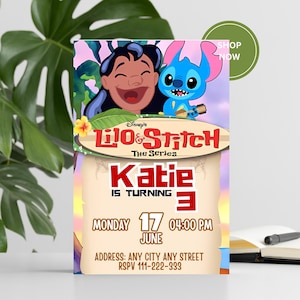 Lilo and Stitch birthday invitation editable, Lilo and Stitch birthday invitation, Girl Party Editable Canva, Editable Stitch Invitation