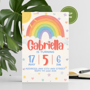 Invitación de cumpleaños arcoíris, invitaciones para fiesta arcoíris de niña, invitación para fiesta arcoíris divertida, plantilla editable e imprimible de Canva para cumpleaños.