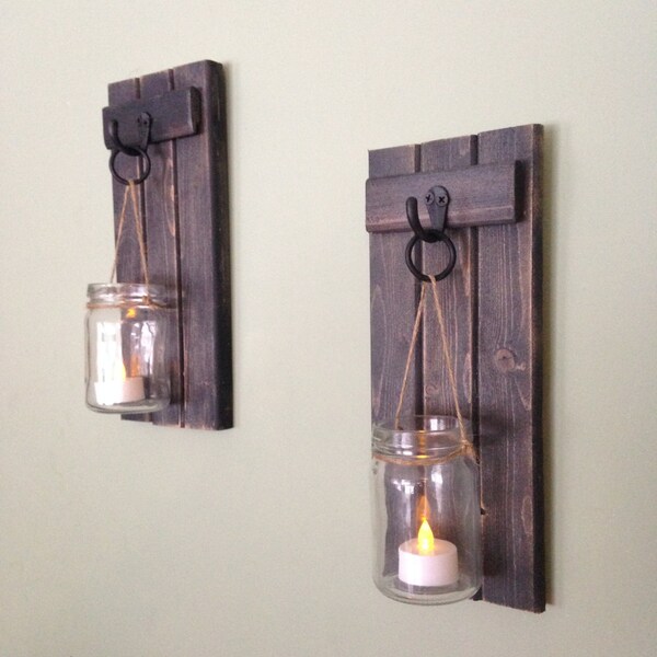 Wooden Candle Holder, Rustic Wall Sconce, Mason Jar Candle Holder, Wooden Wall Sconce, Wall Sconce, WHEATHERED BLACK, 5"x12" Set of 2