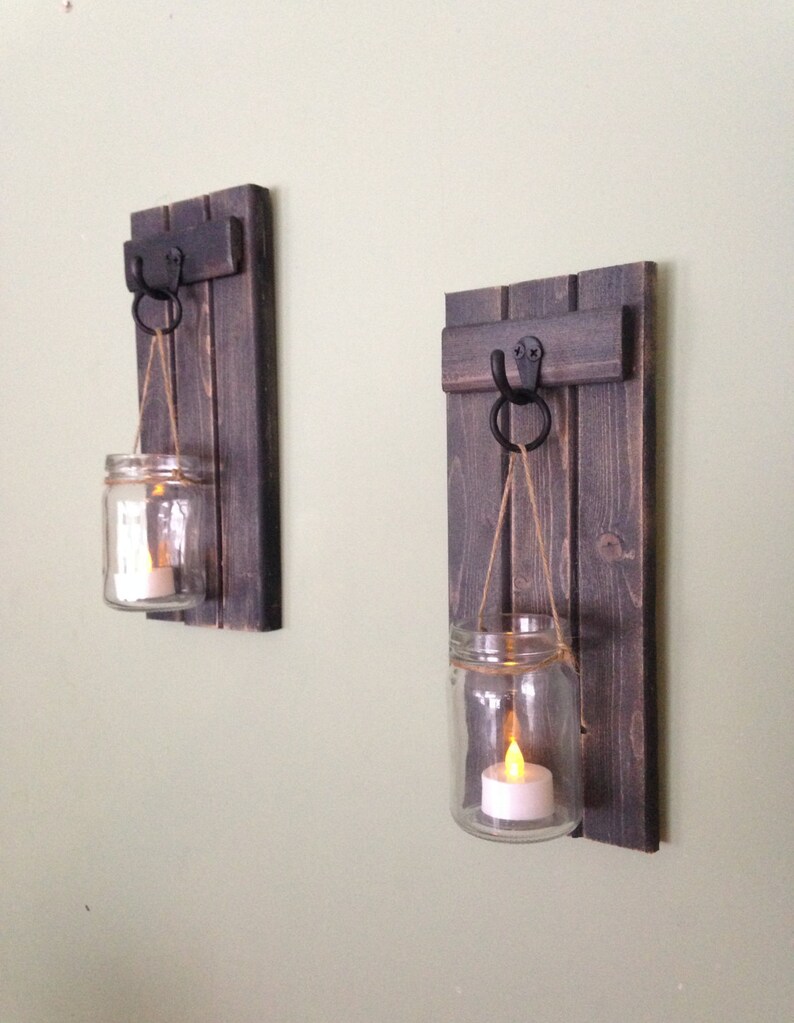 Wooden Candle Holder Rustic Wall Sconce Mason Jar Wheathered Black 5 X12 Set Of 2