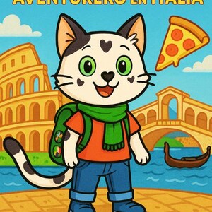 Op de afbeelding: Illustratie van een cartoonkat genaamd Milo in Italië. Milo draagt een oranje shirt, een blauwe spijkerbroek en een groene sjaal. De achtergrond toont Italiaanse bezienswaardigheden, een pizzapunt en de tekst "Milo Aventurero en Italia" en "Una historia de aventuras para niños curiosos."