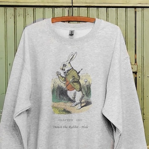 White Rabbit Vintage sweatshirt,Down the Rabbit Hole illustration, Chapter 1, Alice in Wonderland book page shirt,Teacher gift image 1