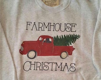 Farmhouse Christmas sweatshirt, Red truck sweatshirt