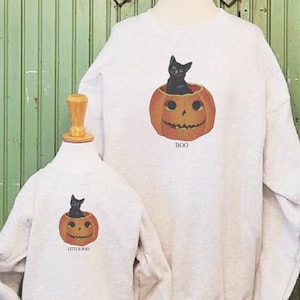 Vintage Halloween, Pumpkin sweatshirt, Black cat print, Mommy and me sweatshirts