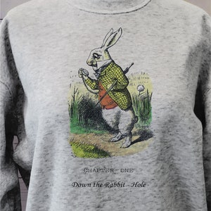 White Rabbit Vintage sweatshirt,Down the Rabbit Hole illustration, Chapter 1, Alice in Wonderland book page shirt,Teacher gift image 4