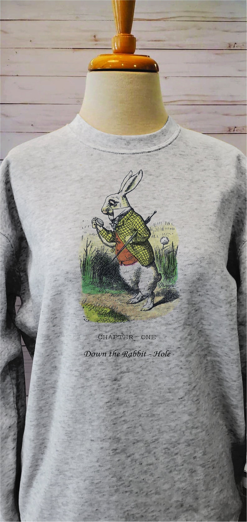 White Rabbit Vintage sweatshirt,Down the Rabbit Hole illustration, Chapter 1, Alice in Wonderland book page shirt,Teacher gift image 4