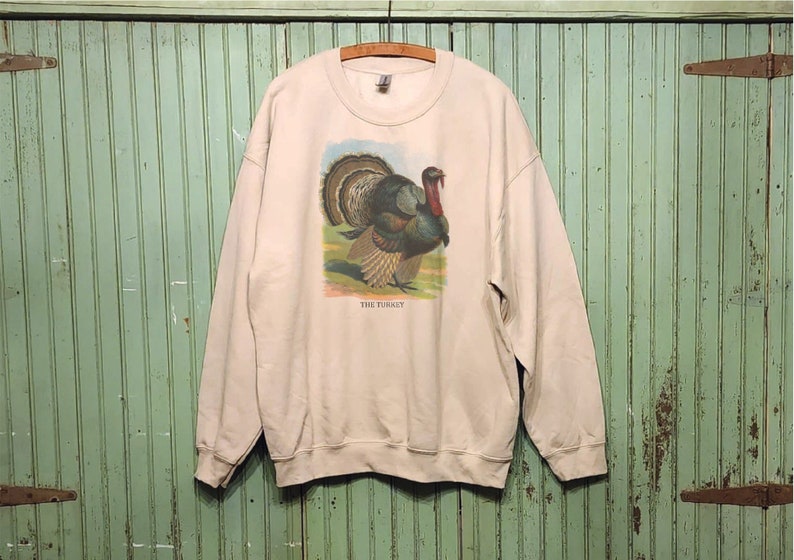 Thanksgiving sweatshirt,Turkey sweatshirt, Vintage turkey print,Beige sweatshirt, Turkey lithograph image 1