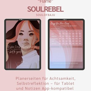 Könnte beinhalten: Zwei digitale Planerseiten auf Tablets. Eine zeigt ein Frauenporträt mit roten Haaren und dem Text "The glow I keep it burns so bright - but to ignite." Die andere zeigt einen Wochen-Tracker.
