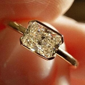 2 CT Radiant Cut Mossinate East West Half Bezel Set Solitaire Engagement Ring 14K Solid Yellow Gold Mossinate Diamond Proposal Ring For Her