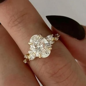 2 CT Oval Moissanite Cluster Ring Oval Engagement Ring With Round & Marquise Side Stone, Diamond Rings Unique Anniversary Rings For Women