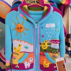 Kids Peruvian Wool Knitted Handmade Hooded Colorful Zip Front Sweater, Andean Landscape Animal Theme