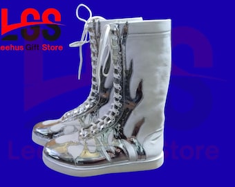 Botas de lucha de piel de cabra hechas a mano / Zapatos de cosplay de llama plateada
