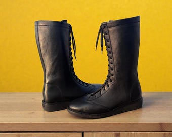 Botas de lucha negras hechas a mano / Zapatos de combate profesional / Calzado deportivo con cordones personalizados / Botas de cuero de alto rendimiento para hombres y mujeres