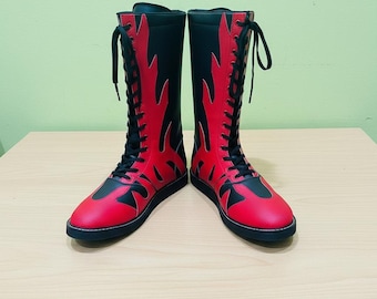 Zapatos de lucha de cuero, botas largas de lucha hechas a mano, zapatos de luchador profesional, equipo de ring profesional personalizado, botas de lucha con cordones personalizadas