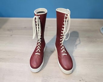 Botas de lucha largas hechas a mano / Zapatos de combate profesional / Calzado deportivo con cordones personalizados / Botas de cuero de alto rendimiento para hombres y mujeres