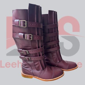 Handmade Goatskin Leather Wrestling Boots, Pro Wrestling Shoes, Long Leather Boots with Straps, Buckles for Cosplay, Costume & Performance