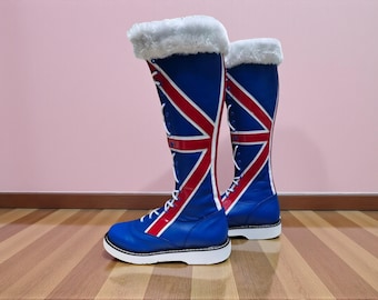 Zapatillas de lucha libre personalizadas / Botas de lucha libre con la bandera británica / Botas altas con cordones azules, rojas y blancas / Botas de lucha libre hechas a mano con la bandera del Reino Unido