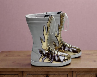 Zapatos blancos de lucha libre profesional, botas largas de lucha hechas a mano, zapatos de lucha de cuero, equipo de lucha libre profesional personalizado, botas con cordones personalizadas