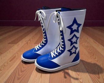 Botas de lucha Blue Star / Calzado profesional de ring hecho a mano / Zapatos de atleta con cordones personalizados para cosplay / Botas de combate de alto rendimiento para hombres y mujeres