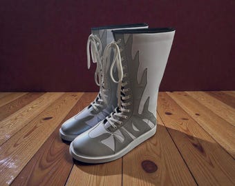Botas largas de lucha libre hechas a mano, zapatos blancos de lucha libre profesional, zapatos de lucha libre de cuero, equipo de ring profesional personalizado, botas de lucha libre con cordones personalizadas