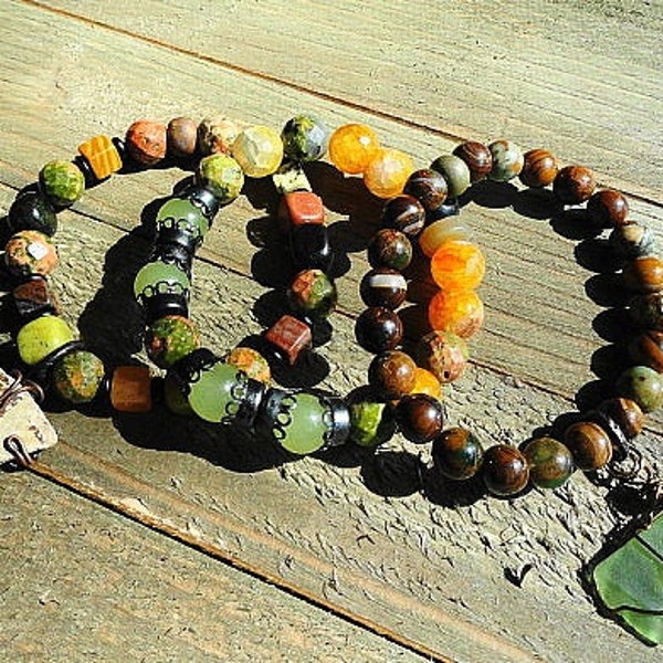 Fall's Folk Art Multi Gemstone 3 Stretch Bracelet Set With Anasazi Pottery Shard and Gulf Coast Sea Glass Charm