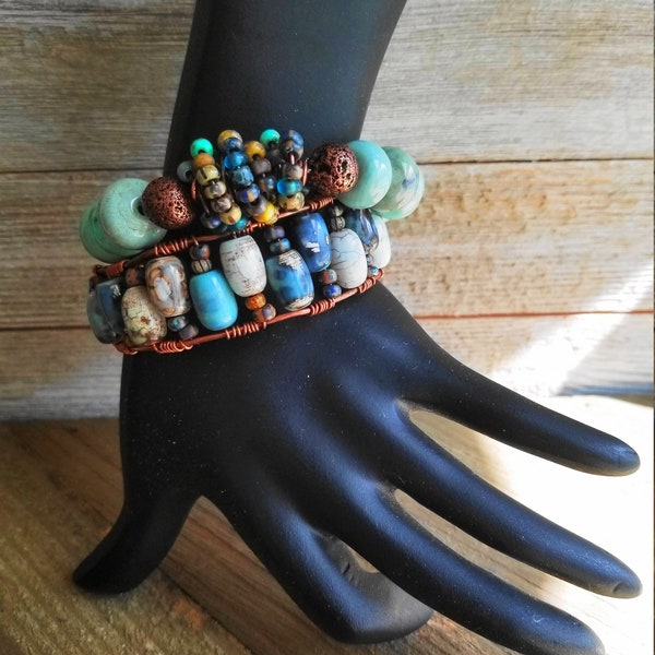 Hardwired Bangle Cuff and Beaded Bead Stretch Bracelet Set in Arctic Terra Agate Copper Lava Beads Copper Spacers and Czech Glass Seed Beads