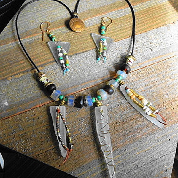 Genuine Gulf Coast Sea Glass Necklace and Earring Set with Ancient Roman Glass Antique Opalescent Glass Recycled Ghana Glass and Czech Glass