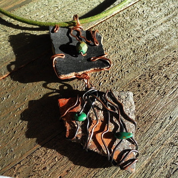 Double Wire Wrapped Anasazi Pottery Shard Pendants Necklace On Leather with Turquoise and Long Dangle Earring Set in Ancient Roman Glass