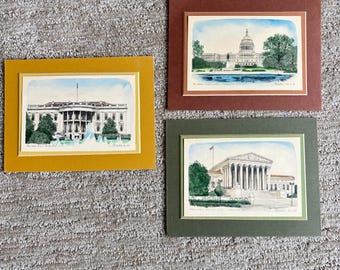 Litografías de Andrew Paul Dedula, bocetos de Washington D.C.: trío de grabados antiguos a pluma y tinta en acuarela.