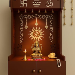 Wooden Temple with LED Light & Shelf - Prayer Altar