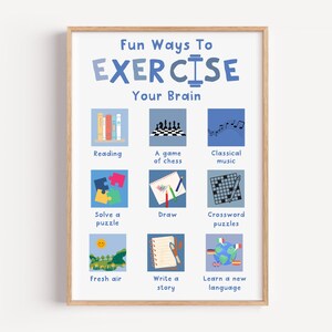 Könnte beinhalten: Gerahmtes Poster mit dem Text "Fun Ways To Exercise Your Brain". Das Poster zeigt farbenfrohe Illustrationen, die Aktivitäten wie Lesen, Schach, Musik, Puzzles, Zeichnen, Kreuzworträtsel, frische Luft, Schreiben und Sprachenlernen darstellen.