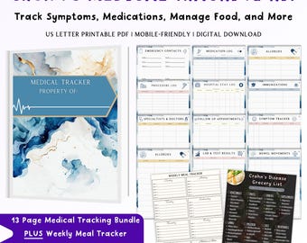 May include: A digital medical tracking kit for Crohn's disease. The kit includes a 13-page bundle, a weekly meal tracker, and a grocery list. The cover of the medical tracker has a blue and gold watercolor design. The kit helps track symptoms, medications, and food.