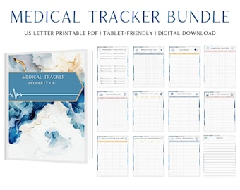 Könnte beinhalten: Ein Medical Tracker Bundle mit einem blau-goldenen Aquarelldesign. Das Bundle enthält druckbare PDF-Seiten zur Verfolgung medizinischer Informationen, wie z. B. Notfallkontakte, Medikamentenprotokolle und Laborergebnisse. Der Text auf dem Cover lautet "Medical Tracker Property Of".