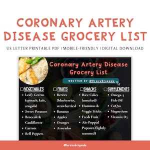 Coronary Artery Disease Grocery List PDF, Heart Healthy Foods, Low Sodium Diet, Cholesterol Lowering, Anti Inflammatory, Cardiac Nutrition