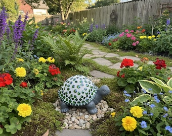 Handmade and handcrafted turtle garden statue decorated with green ceramic tile and glass gems.